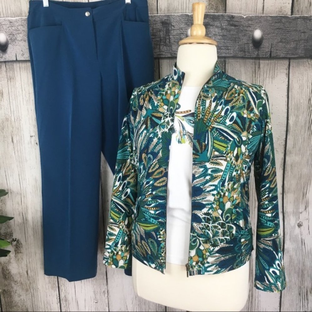 Zenergy Chico's 3Pc Peacock Blue Jacket, Top & Pant Set